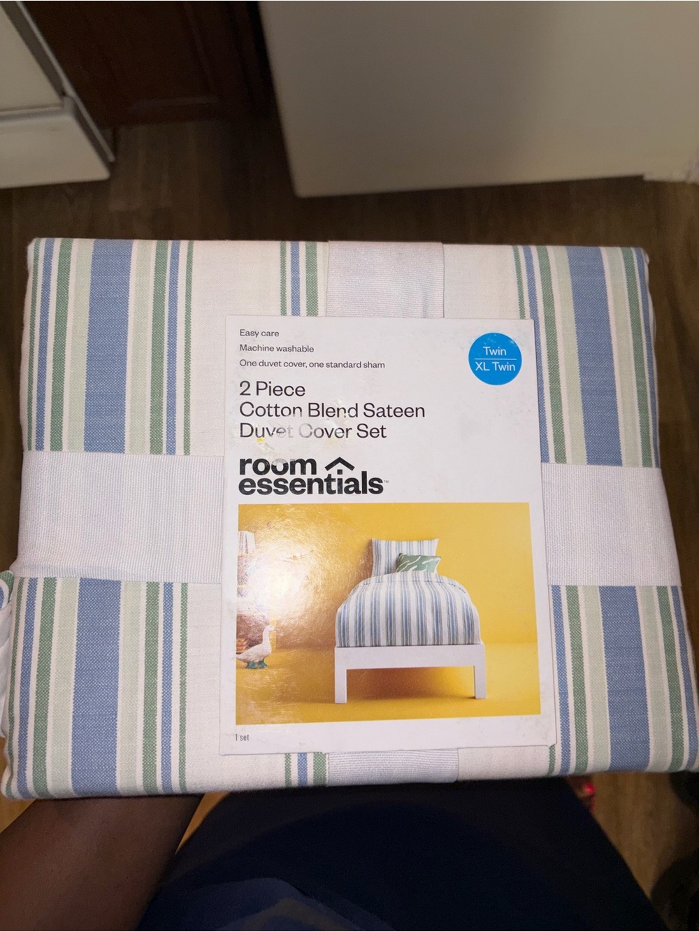room essentials Cotton Blend Sateen Duvet Cover Set - Blue & Green Stripe